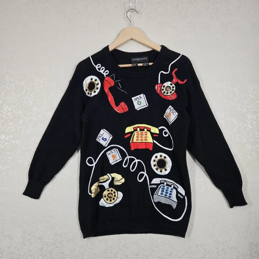 Vintage 90s Novelty Telephone Sweater M Black Graphic Knit Art Teacher